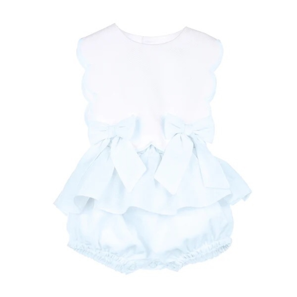Baby Girls Light Blue Ruffle Bubble Romper with White Scallop